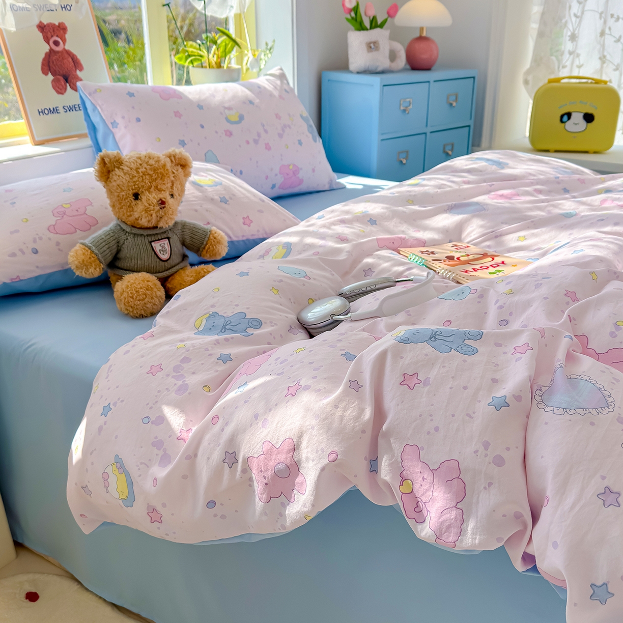 91家纺网 家纺一手货源 找家纺 元禾 2026新款A类古法水洗仿棉云感纱四件套 星芒啵啵熊