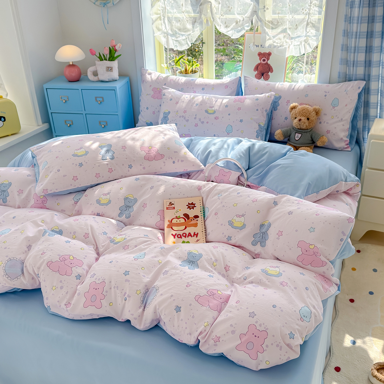 91家纺网 家纺一手货源 找家纺 元禾 2026新款A类古法水洗仿棉云感纱四件套 星芒啵啵熊