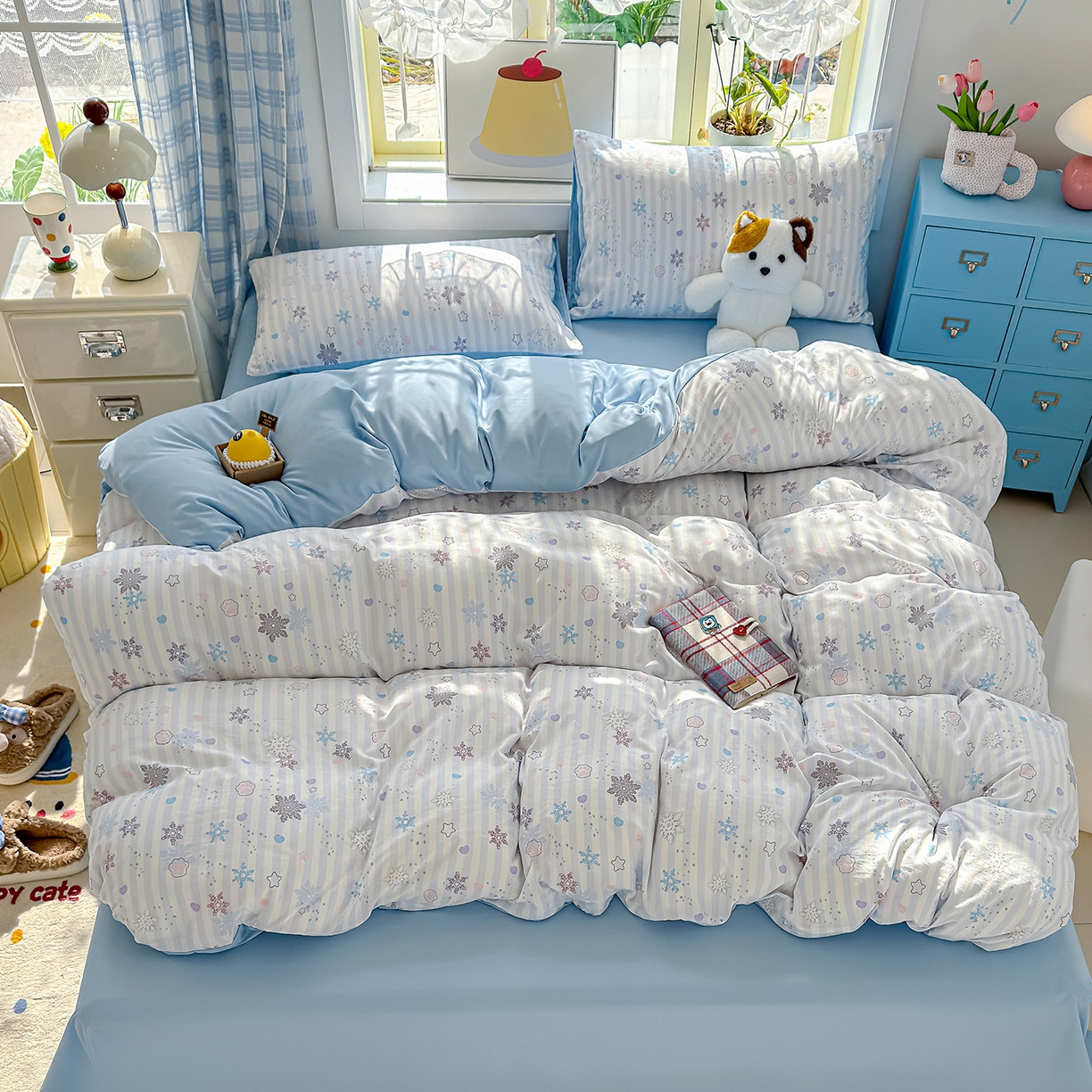 91家纺网 家纺一手货源 找家纺 元禾 2026新款A类古法水洗仿棉云感纱四件套 雪花世界