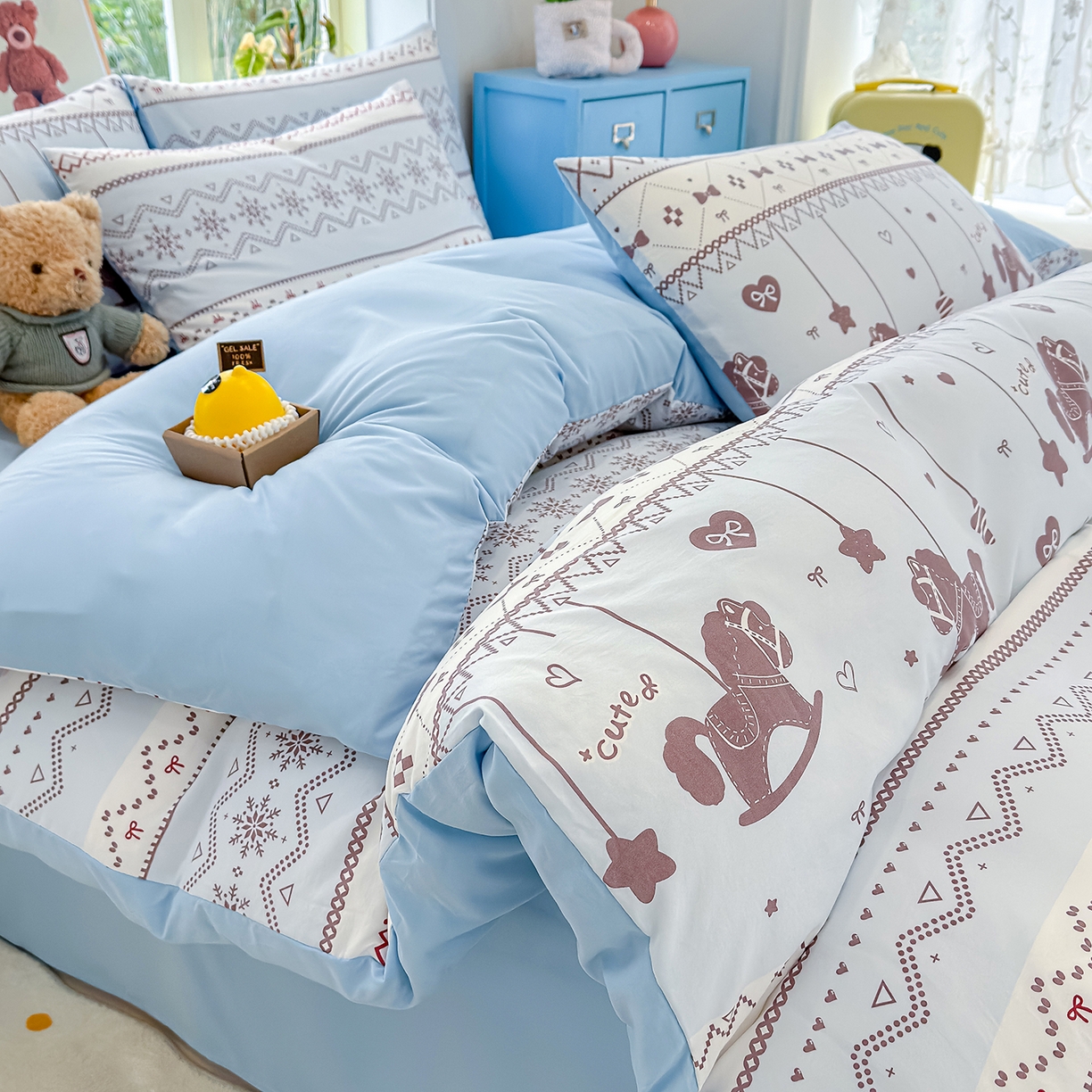 元禾 2026新款A类古法水洗仿棉云感纱四件套 英伦小木马