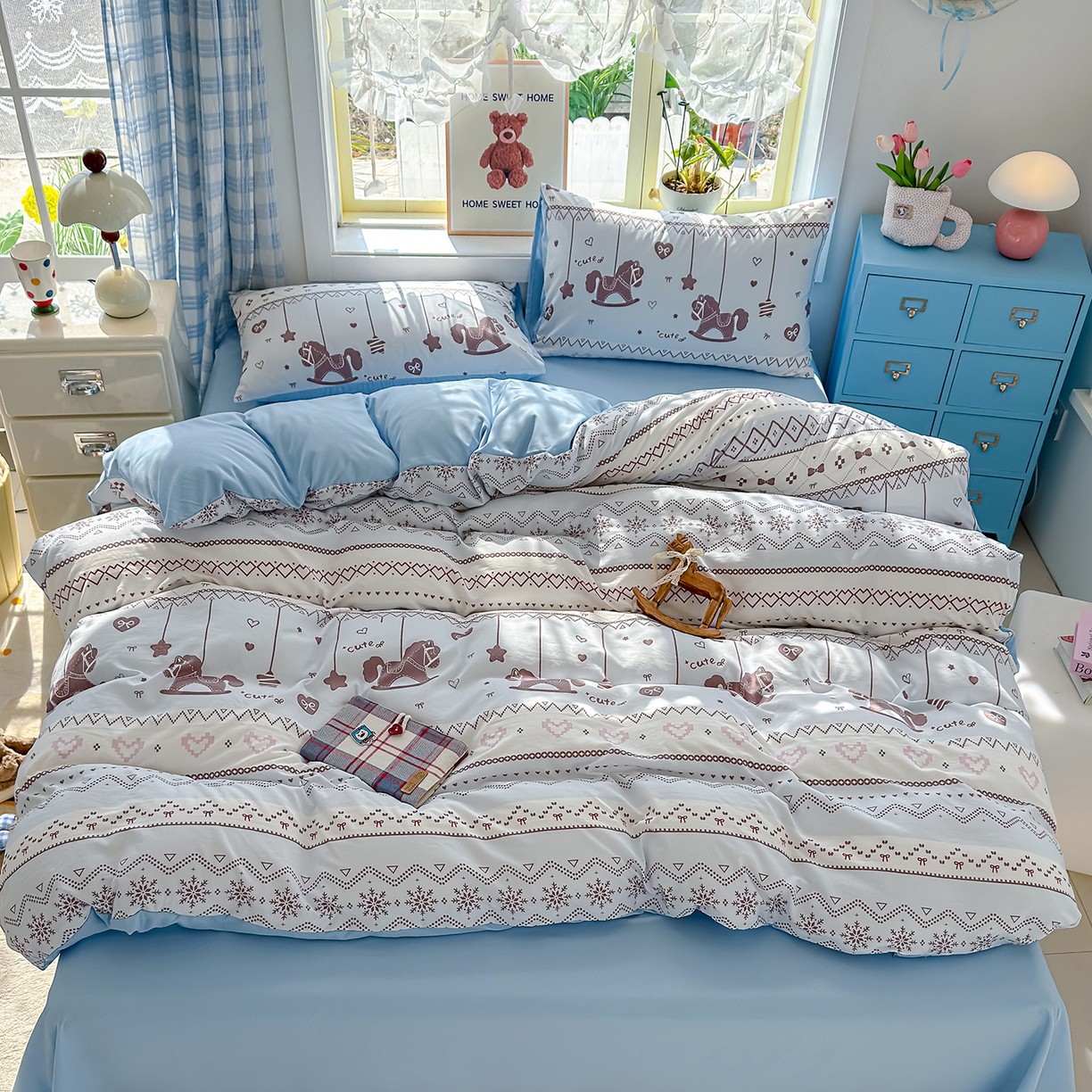 91家纺网 家纺一手货源 找家纺 元禾 2026新款A类古法水洗仿棉云感纱四件套 英伦小木马