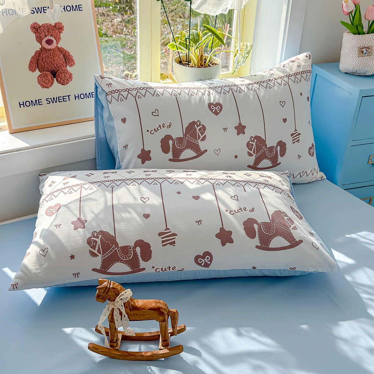 91家纺网 家纺一手货源 找家纺 元禾 2026新款A类古法水洗仿棉云感纱四件套 英伦小木马