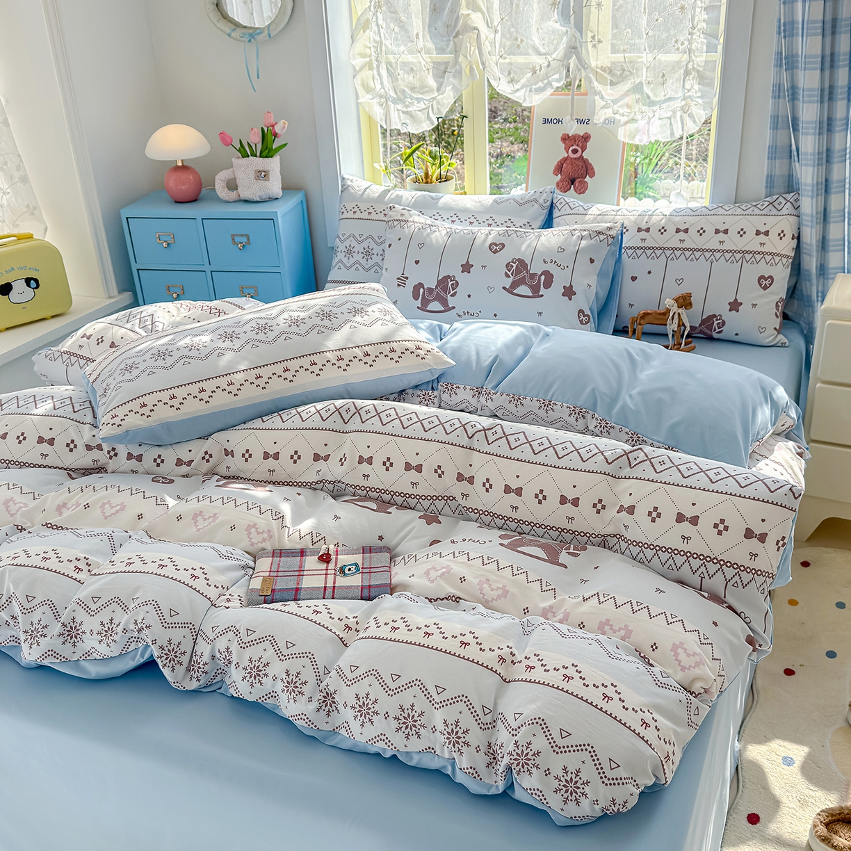 91家纺网 家纺一手货源 找家纺 元禾 2026新款A类古法水洗仿棉云感纱四件套 英伦小木马