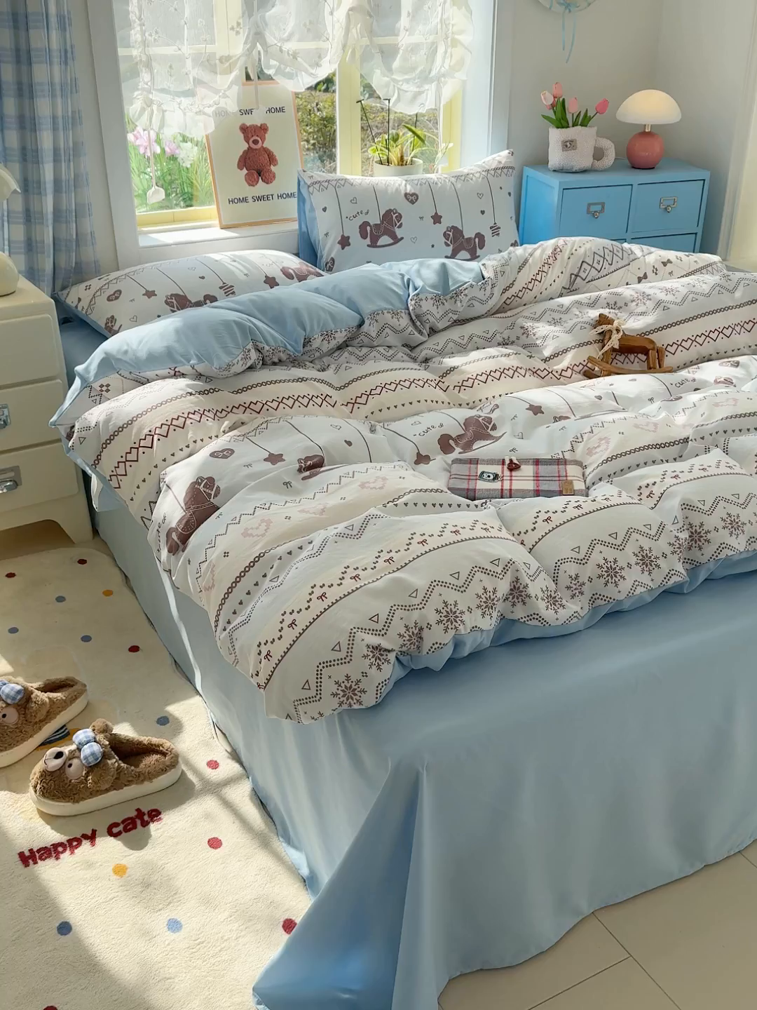 91家纺网 家纺一手货源 找家纺 元禾 2026新款A类古法水洗仿棉云感纱四件套 英伦小木马