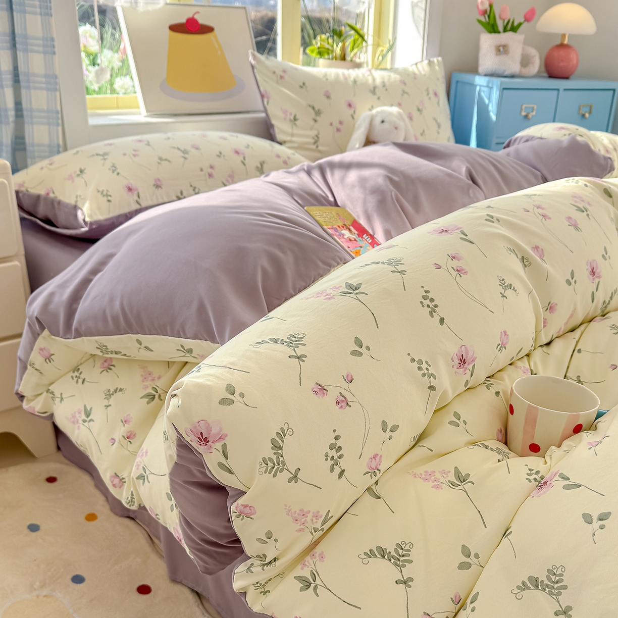 91家纺网 家纺一手货源 找家纺 元禾 2026新款A类古法水洗仿棉云感纱四件套 紫罗兰