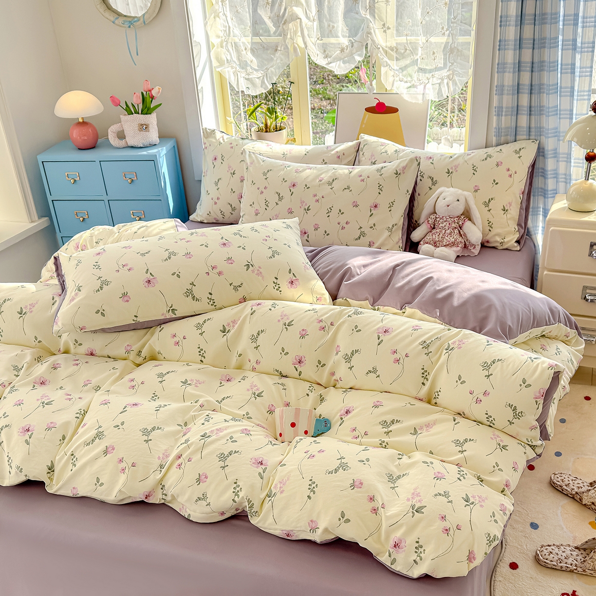 91家纺网 家纺一手货源 找家纺 元禾 2026新款A类古法水洗仿棉云感纱四件套 紫罗兰