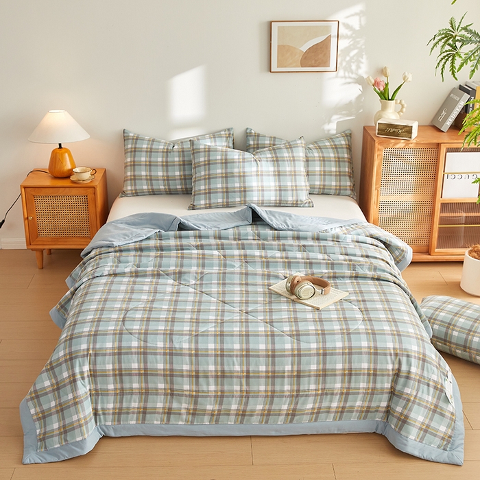 91家纺网 家纺一手货源 找家纺 海洋家纺 2026新款100%新疆棉花格子夏被亲肤仿棉夏凉被纯手包边空调被薄被子 左岸-绿