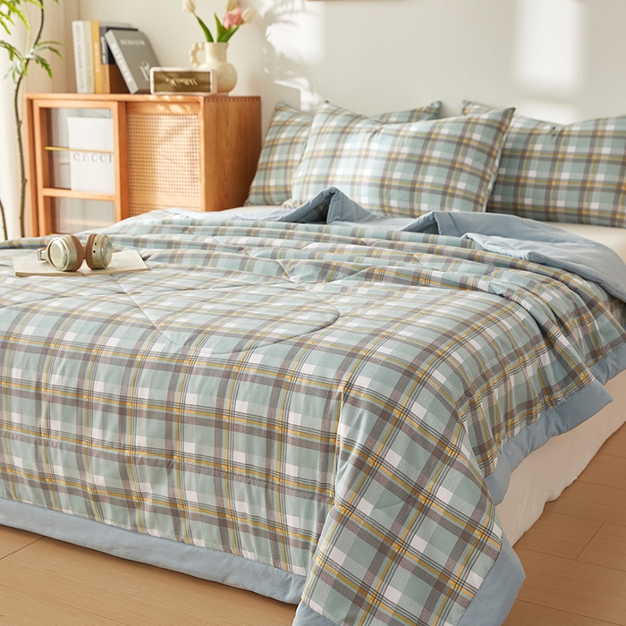 91家纺网 家纺一手货源 找家纺 海洋家纺 2026新款100%新疆棉花格子夏被亲肤仿棉夏凉被纯手包边空调被薄被子 左岸-绿