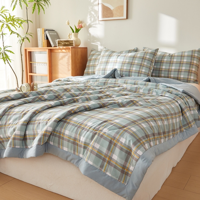 91家纺网 家纺一手货源 找家纺 海洋家纺 2026新款100%新疆棉花格子夏被亲肤仿棉夏凉被纯手包边空调被薄被子 左岸-绿