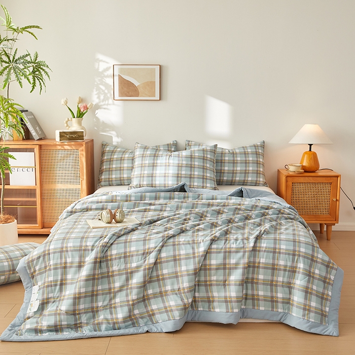 91家纺网 家纺一手货源 找家纺 海洋家纺 2026新款100%新疆棉花格子夏被亲肤仿棉夏凉被纯手包边空调被薄被子 左岸-绿