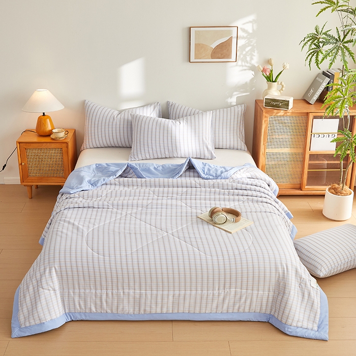 91家纺网 家纺一手货源 找家纺 海洋家纺 2026新款100%新疆棉花格子夏被亲肤仿棉夏凉被纯手包边空调被薄被子 格言