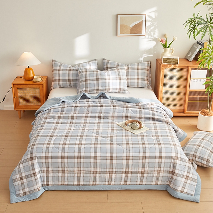 91家纺网 家纺一手货源 找家纺 海洋家纺 2026新款100%新疆棉花格子夏被亲肤仿棉夏凉被纯手包边空调被薄被子 英伦-蓝