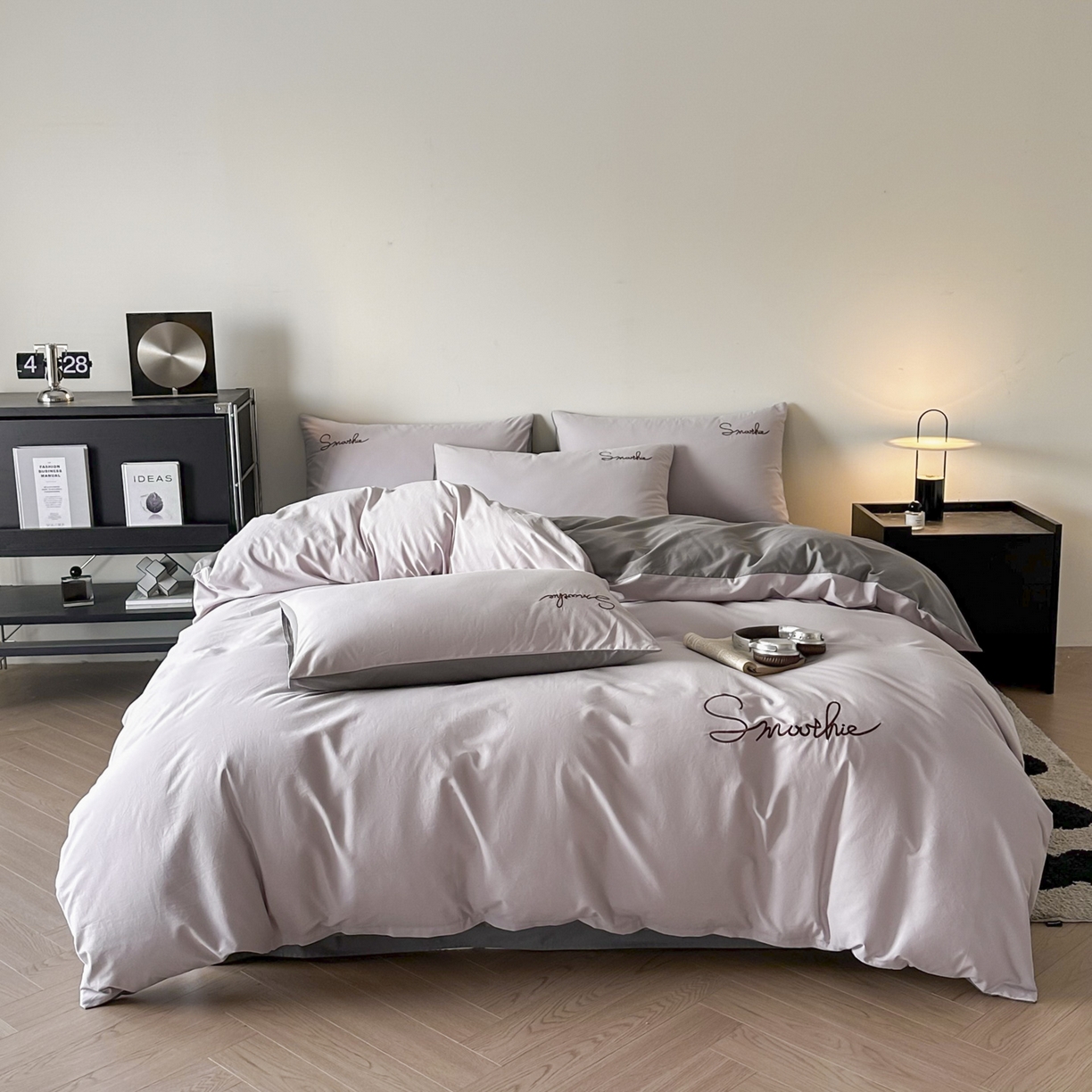 ab家纺 2026新款刺绣双拼40支全棉水洗四件套 紫灰