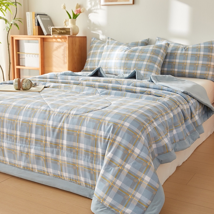 91家纺网 家纺一手货源 找家纺 海洋家纺 2026新款100%新疆棉花格子夏被亲肤仿棉夏凉被纯手包边空调被薄被子 左岸-蓝