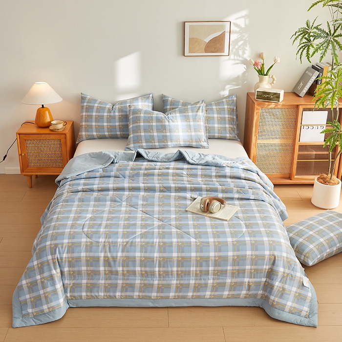 91家纺网 家纺一手货源 找家纺 海洋家纺 2026新款100%新疆棉花格子夏被亲肤仿棉夏凉被纯手包边空调被薄被子 左岸-蓝