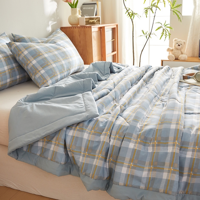 91家纺网 家纺一手货源 找家纺 海洋家纺 2026新款100%新疆棉花格子夏被亲肤仿棉夏凉被纯手包边空调被薄被子 左岸-蓝