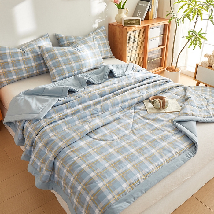 91家纺网 家纺一手货源 找家纺 海洋家纺 2026新款100%新疆棉花格子夏被亲肤仿棉夏凉被纯手包边空调被薄被子 左岸-蓝