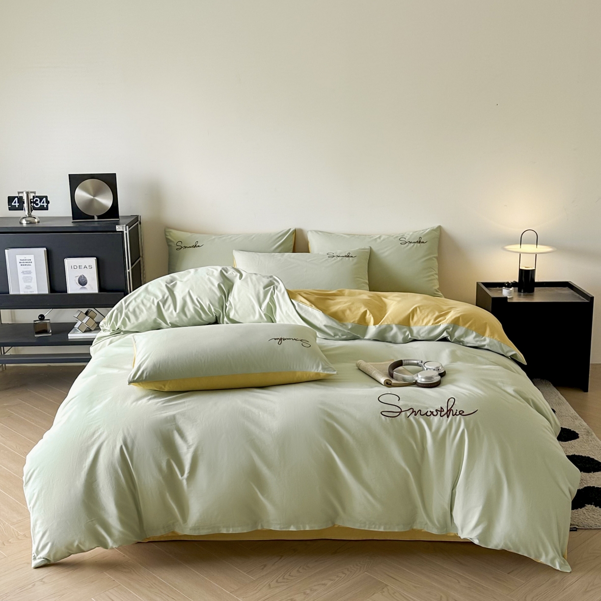 ab家纺 2026新款刺绣双拼40支全棉水洗四件套 橄榄绿柠檬