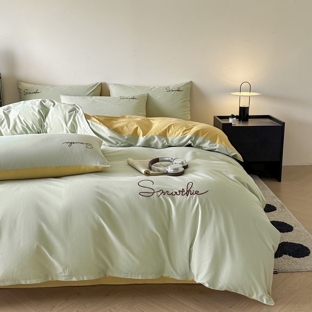 91家纺网 家纺一手货源 找家纺 ab家纺 2026新款刺绣双拼40支全棉水洗四件套 橄榄绿柠檬