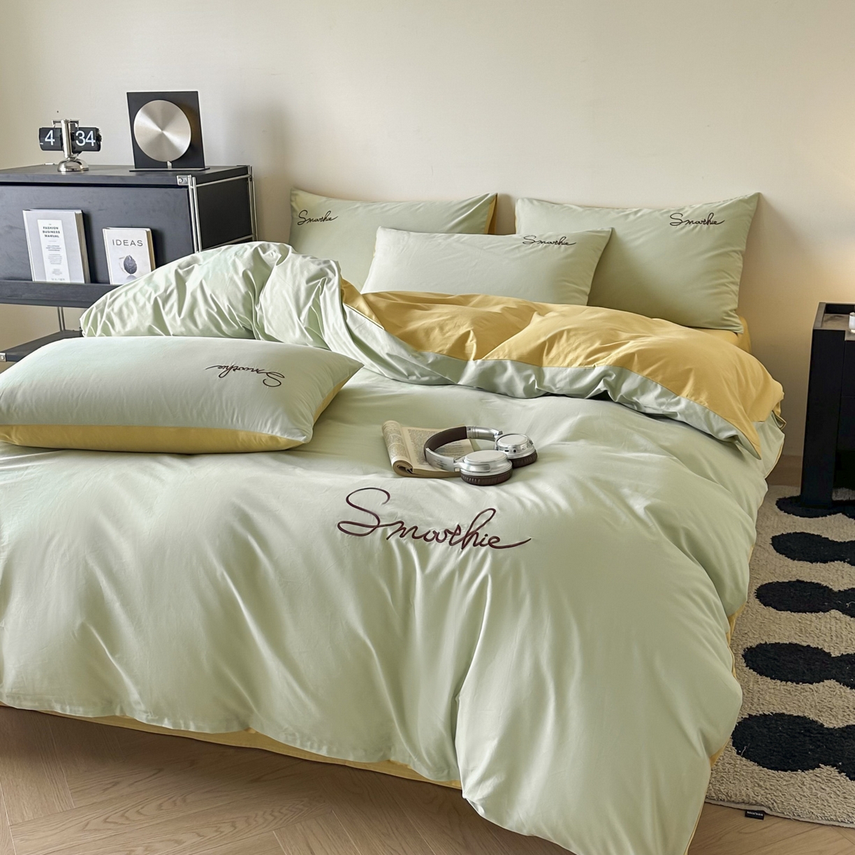 91家纺网 家纺一手货源 找家纺 ab家纺 2026新款刺绣双拼40支全棉水洗四件套 橄榄绿柠檬