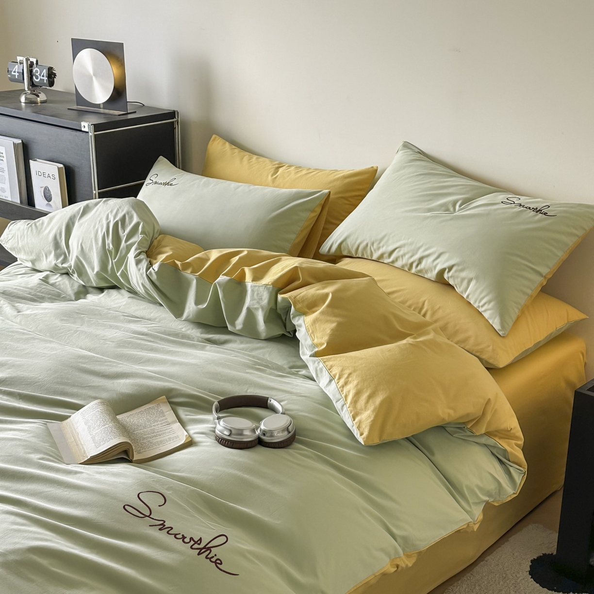 91家纺网 家纺一手货源 找家纺 ab家纺 2026新款刺绣双拼40支全棉水洗四件套 橄榄绿柠檬