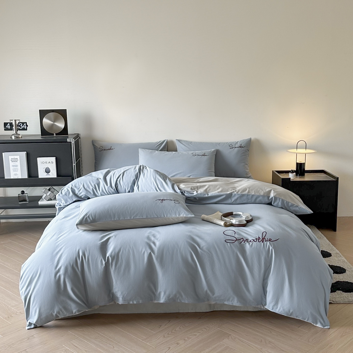 ab家纺 2026新款刺绣双拼40支全棉水洗四件套 蓝灰