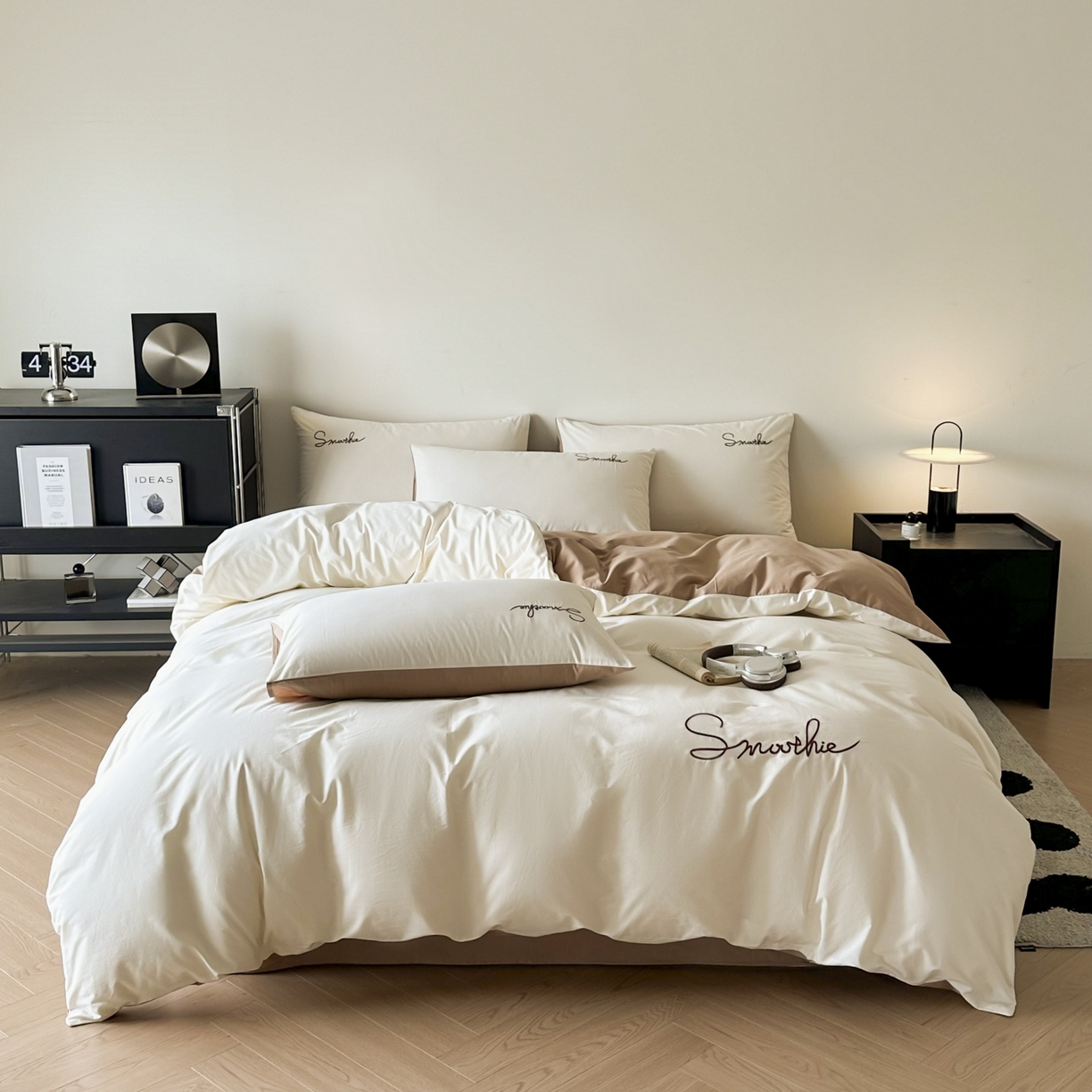 ab家纺 2026新款刺绣双拼40支全棉水洗四件套 奶油米咖