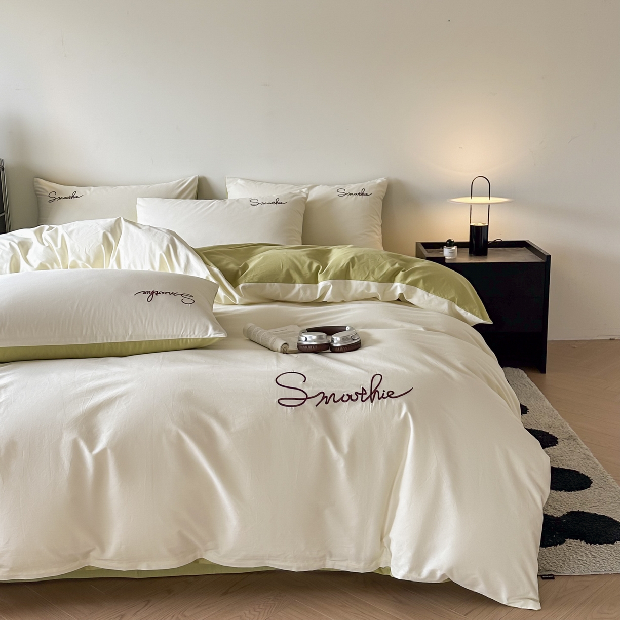 91家纺网 家纺一手货源 找家纺 ab家纺 2026新款刺绣双拼40支全棉水洗四件套 苹果绿杏