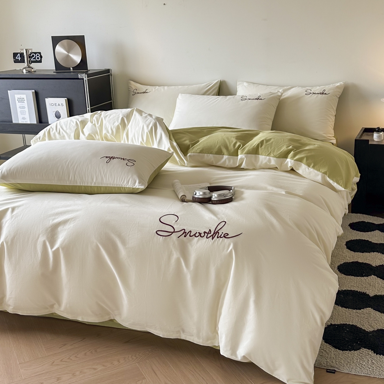 91家纺网 家纺一手货源 找家纺 ab家纺 2026新款刺绣双拼40支全棉水洗四件套 苹果绿杏