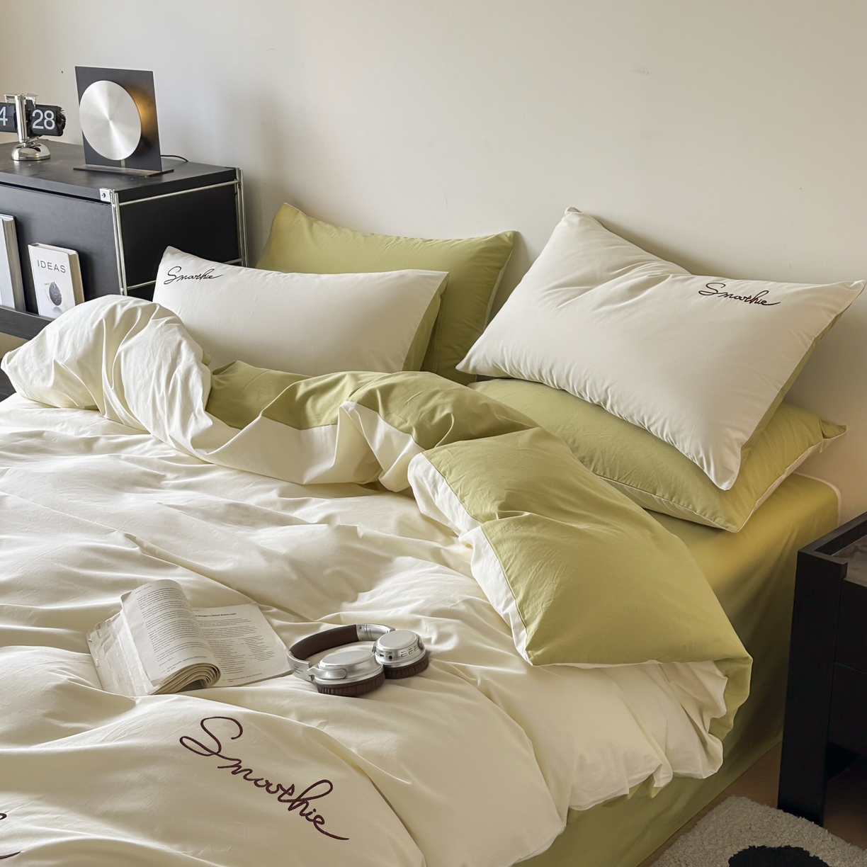 91家纺网 家纺一手货源 找家纺 ab家纺 2026新款刺绣双拼40支全棉水洗四件套 苹果绿杏