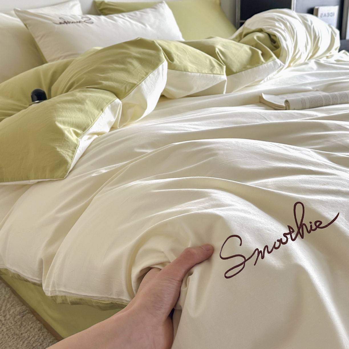 91家纺网 家纺一手货源 找家纺 ab家纺 2026新款刺绣双拼40支全棉水洗四件套 苹果绿杏