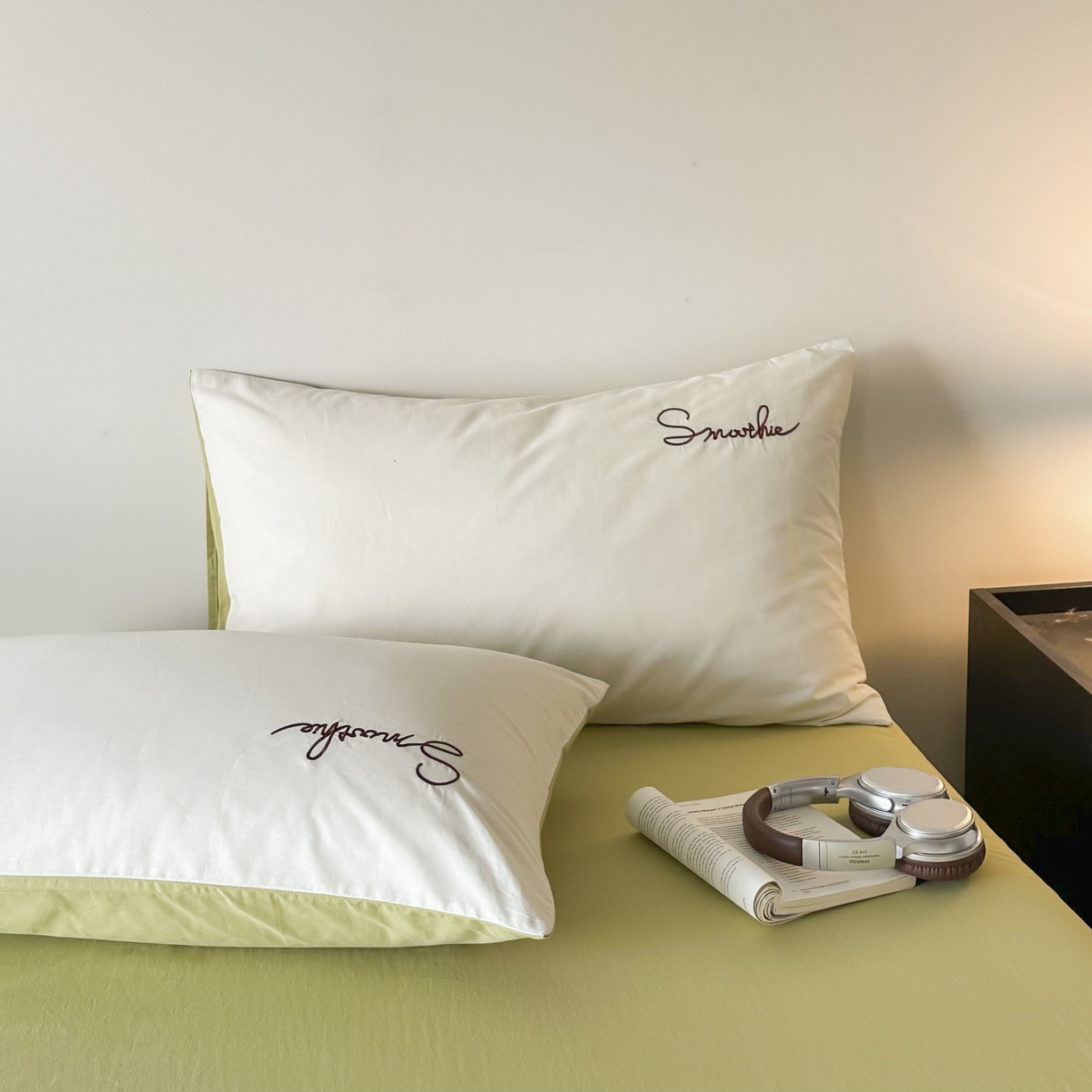 91家纺网 家纺一手货源 找家纺 ab家纺 2026新款刺绣双拼40支全棉水洗四件套 苹果绿杏