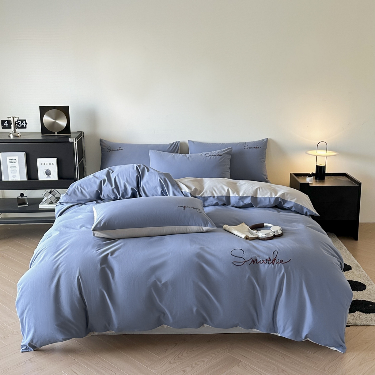 ab家纺 2026新款刺绣双拼40支全棉水洗四件套 晴空蓝烟灰