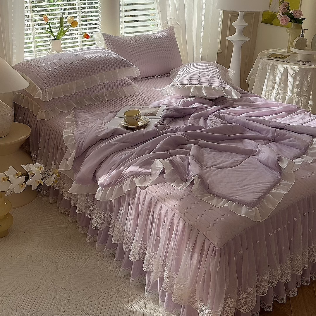 91家纺网 家纺一手货源 找家纺 后庭寝室 2026春夏新款乳胶凉席夏凉被空调被夏被四件套-爱意系列 爱意-浅紫