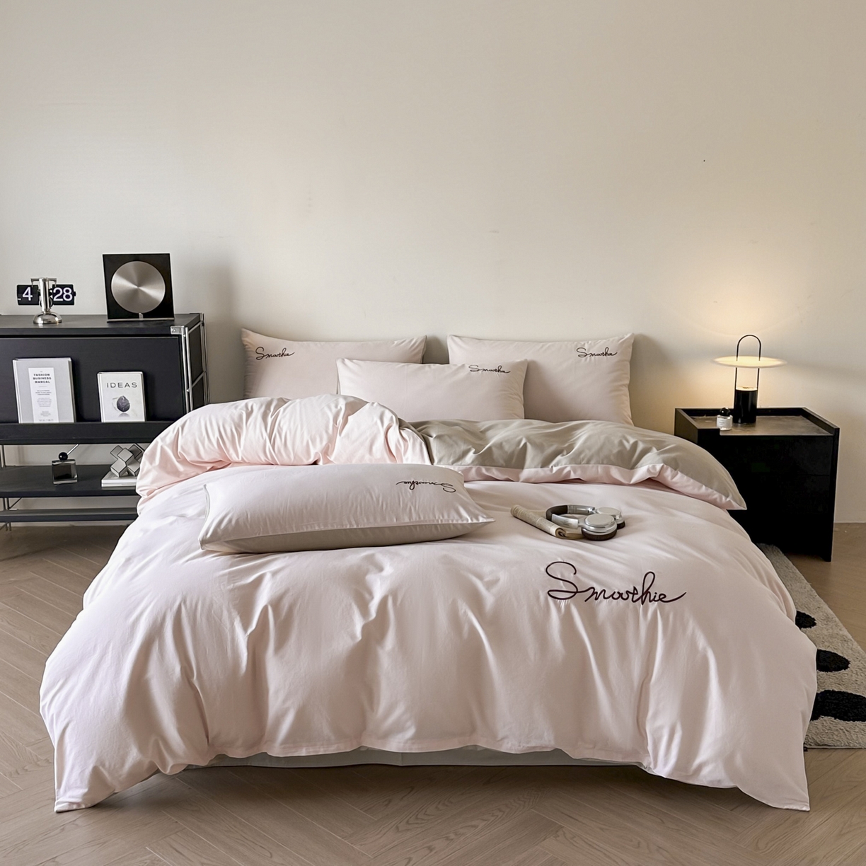 ab家纺 2026新款刺绣双拼40支全棉水洗四件套 微粉卡其