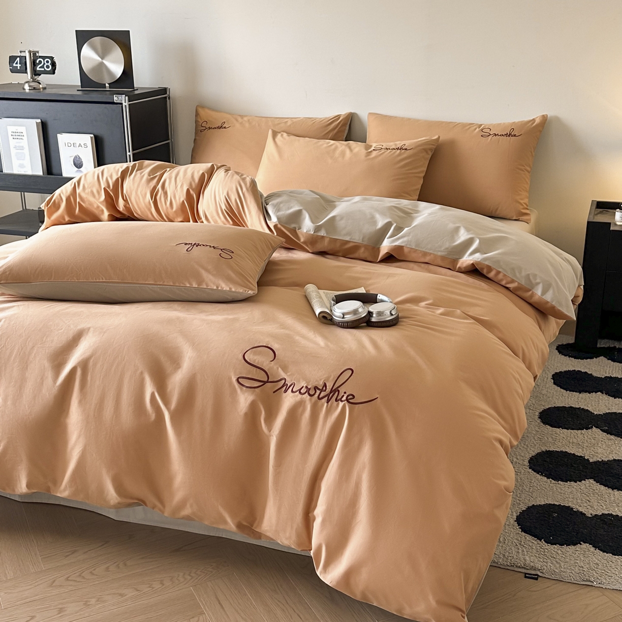 91家纺网 家纺一手货源 找家纺 ab家纺 2026新款刺绣双拼40支全棉水洗四件套 西柚卡其