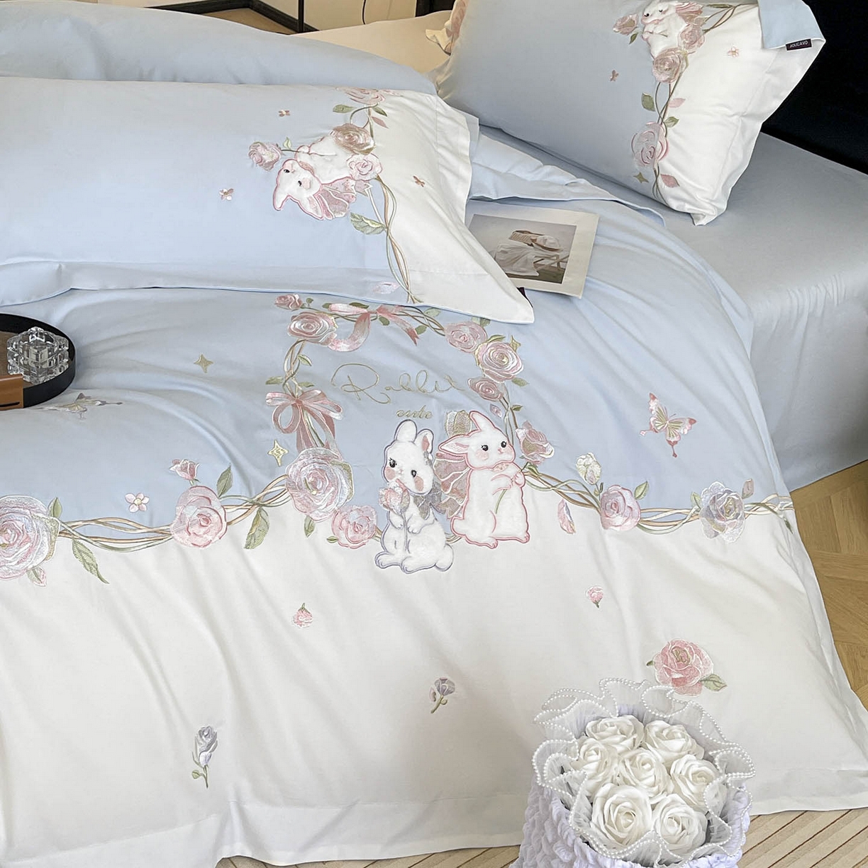 91家纺网 家纺一手货源 找家纺 （总）爱妮菲家纺 2026爆款新品少女心A类100支长绒棉纯棉四件套全棉刺绣兔子被套床单床笠公主风