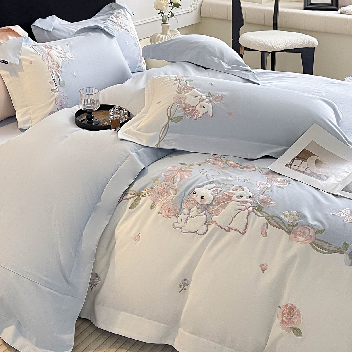 91家纺网 家纺一手货源 找家纺 （总）爱妮菲家纺 2026爆款新品少女心A类100支长绒棉纯棉四件套全棉刺绣兔子被套床单床笠公主风