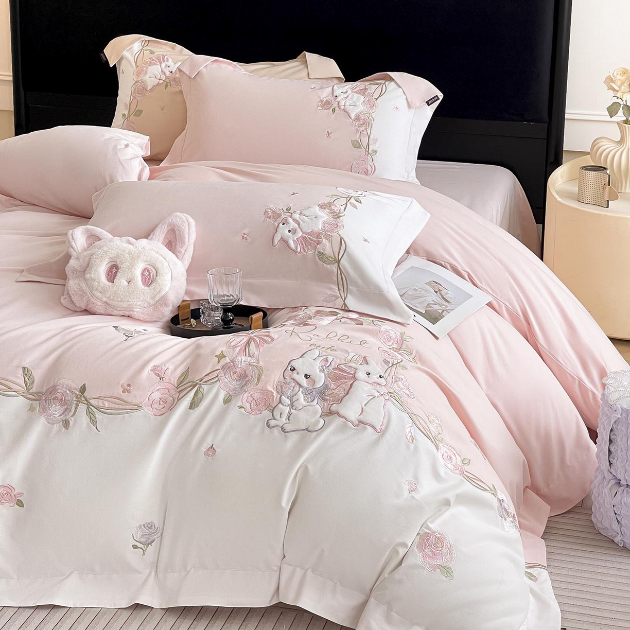 91家纺网 家纺一手货源 找家纺 （总）爱妮菲家纺 2026爆款新品少女心A类100支长绒棉纯棉四件套全棉刺绣兔子被套床单床笠公主风