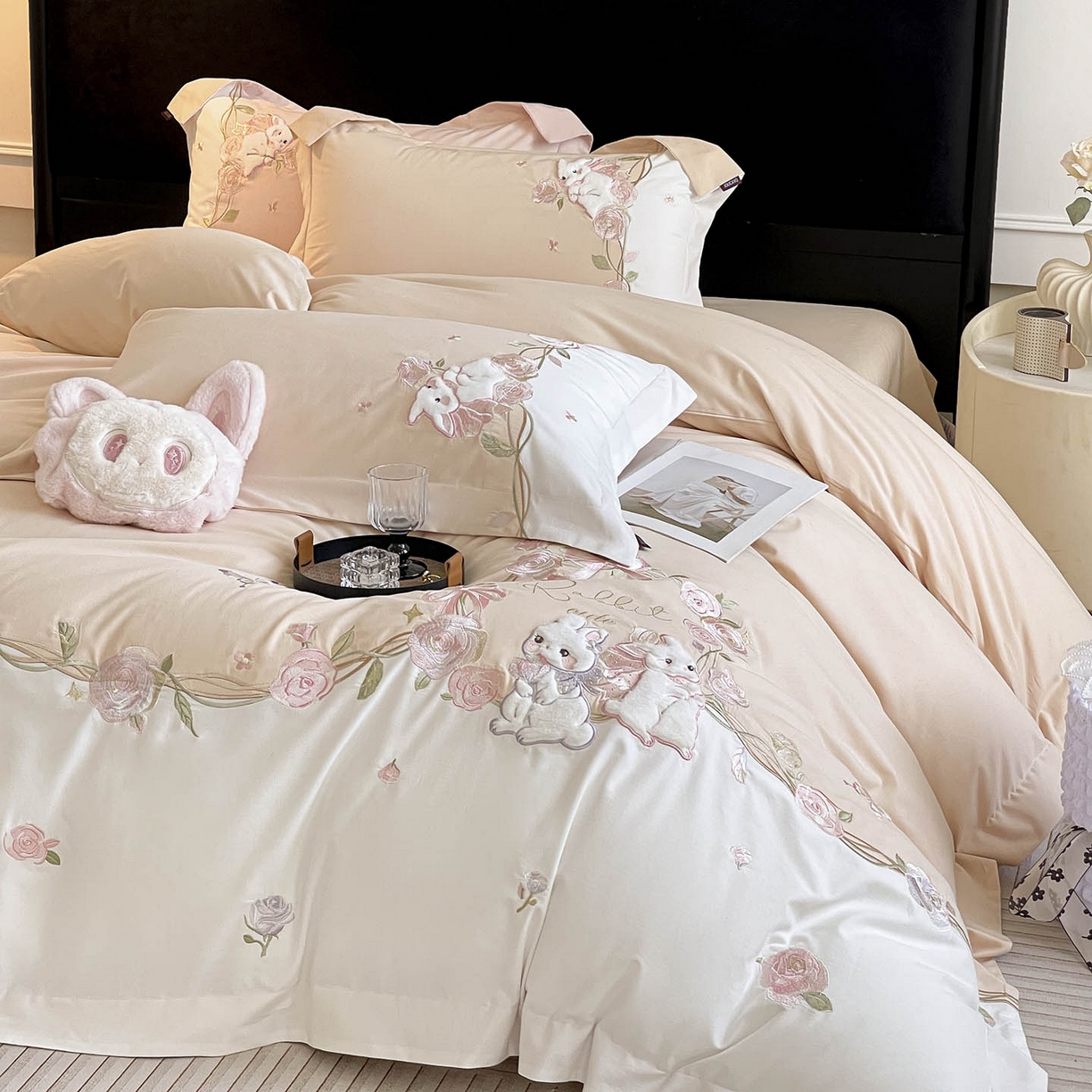 91家纺网 家纺一手货源 找家纺 （总）爱妮菲家纺 2026爆款新品少女心A类100支长绒棉纯棉四件套全棉刺绣兔子被套床单床笠公主风