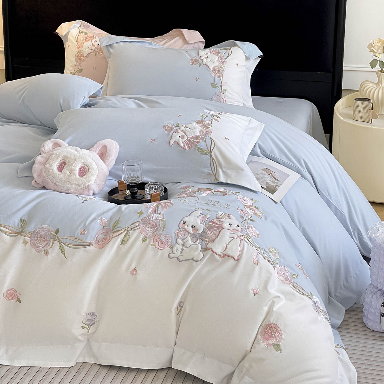 爱妮菲家纺 2026爆款新品少女心A类100支长绒棉纯棉四件套全棉刺绣兔子被套床单床笠公主风 月汐兔-慕蓝