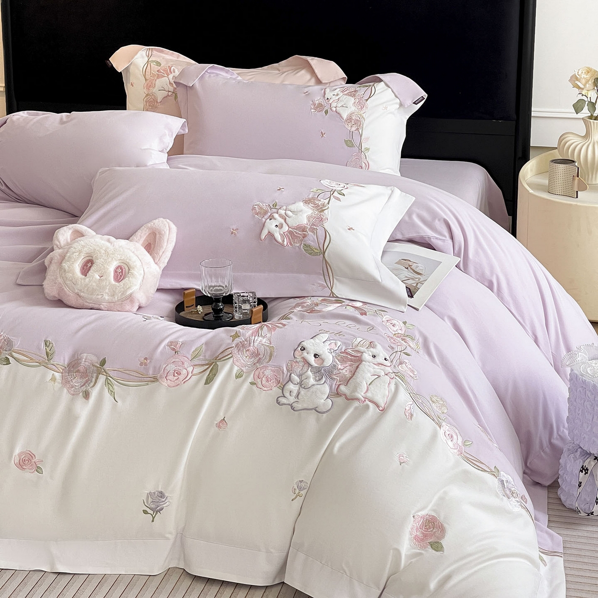 爱妮菲家纺 2026爆款新品少女心A类100支长绒棉纯棉四件套全棉刺绣兔子被套床单床笠公主风 月汐兔-黛紫
