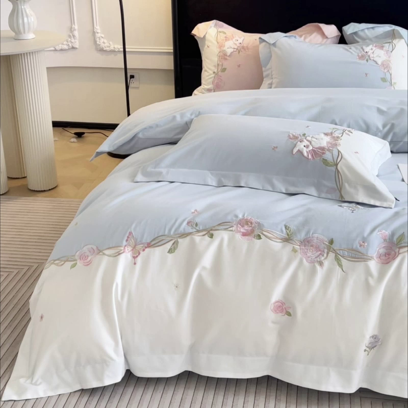 91家纺网 家纺一手货源 找家纺 （总）爱妮菲家纺 2026爆款新品少女心A类100支长绒棉纯棉四件套全棉刺绣兔子被套床单床笠公主风