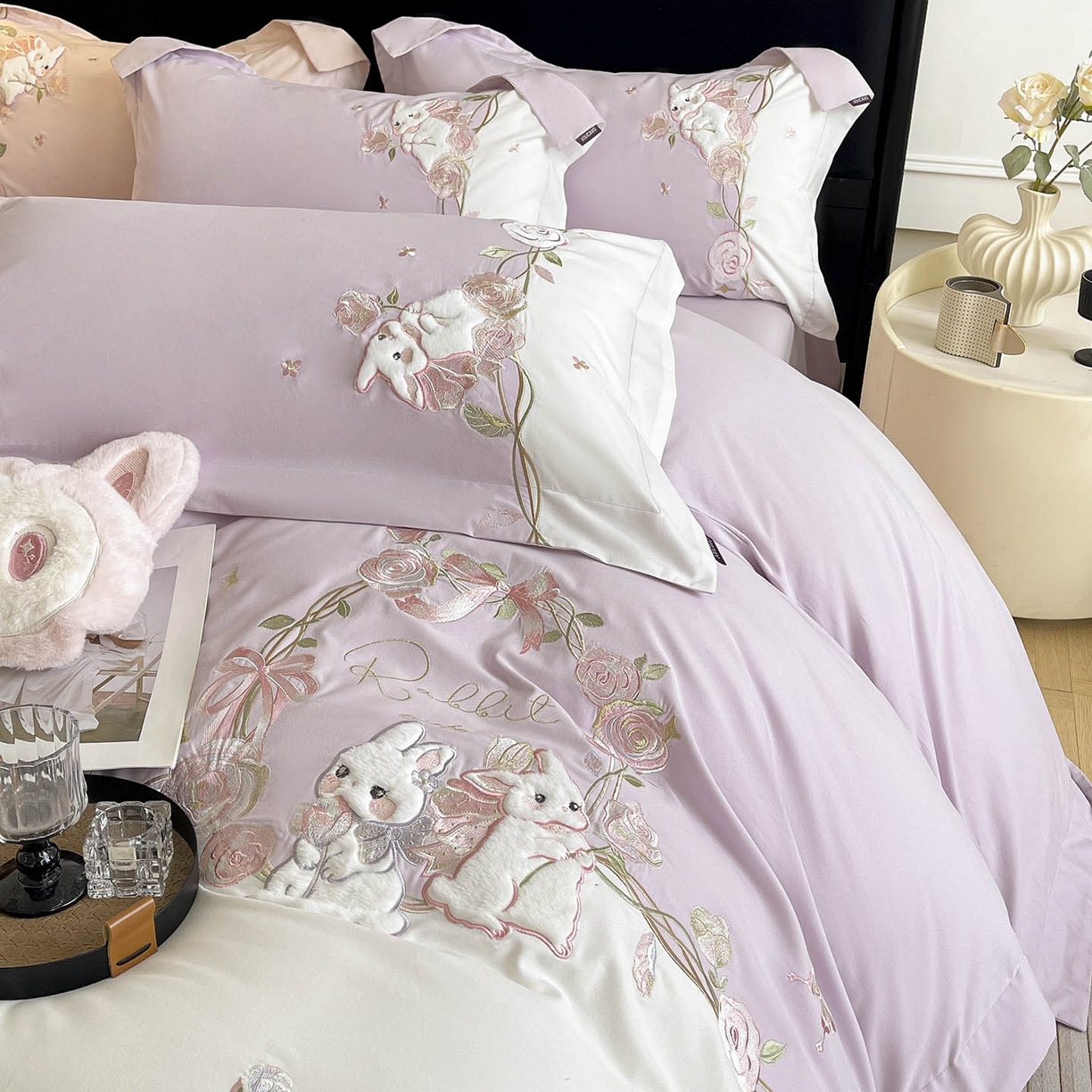 91家纺网 家纺一手货源 找家纺 （总）乔利卡沃 2026爆款新品少女心A类100支长绒棉纯棉四件套全棉刺绣兔子被套床单床笠公主风