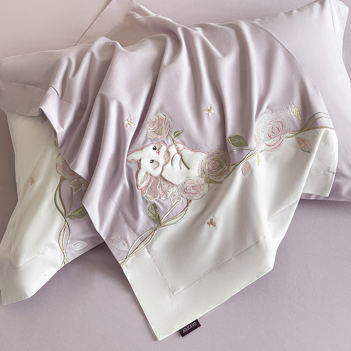 91家纺网 家纺一手货源 找家纺 （总）乔利卡沃 2026爆款新品少女心A类100支长绒棉纯棉四件套全棉刺绣兔子被套床单床笠公主风