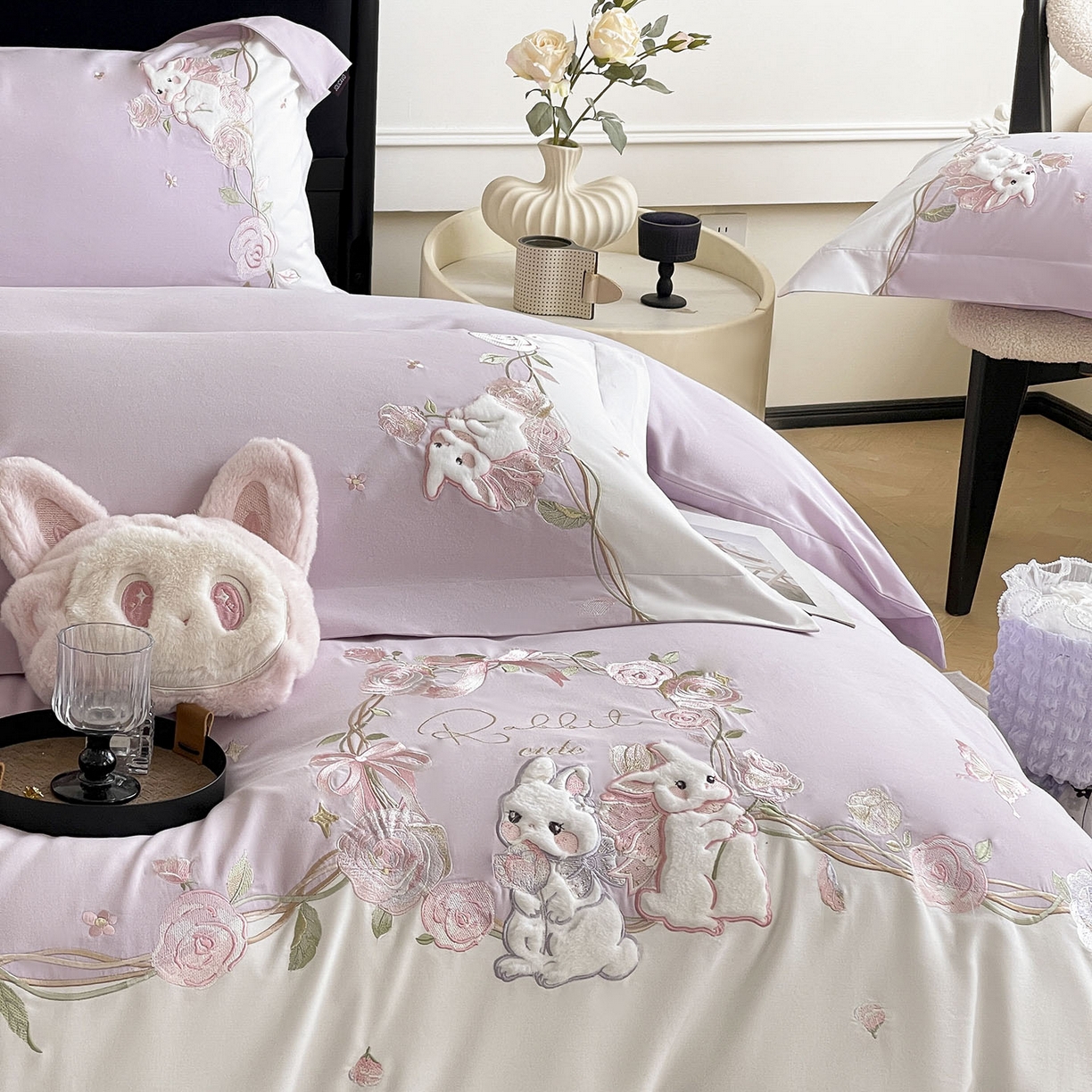 91家纺网 家纺一手货源 找家纺 （总）乔利卡沃 2026爆款新品少女心A类100支长绒棉纯棉四件套全棉刺绣兔子被套床单床笠公主风