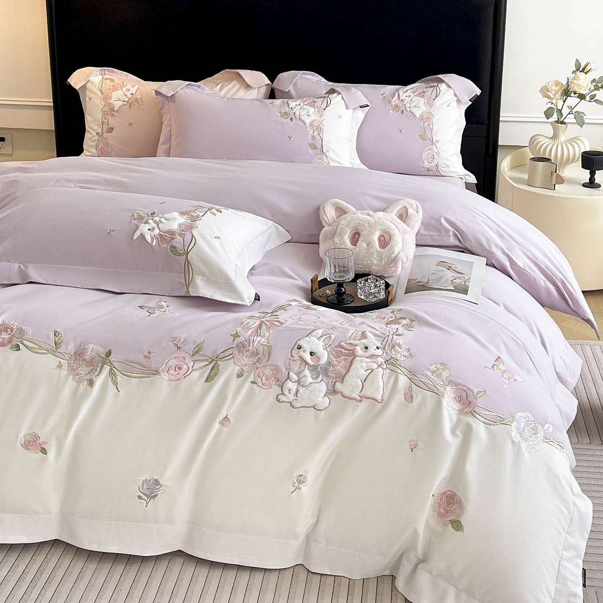 91家纺网 家纺一手货源 找家纺 （总）乔利卡沃 2026爆款新品少女心A类100支长绒棉纯棉四件套全棉刺绣兔子被套床单床笠公主风