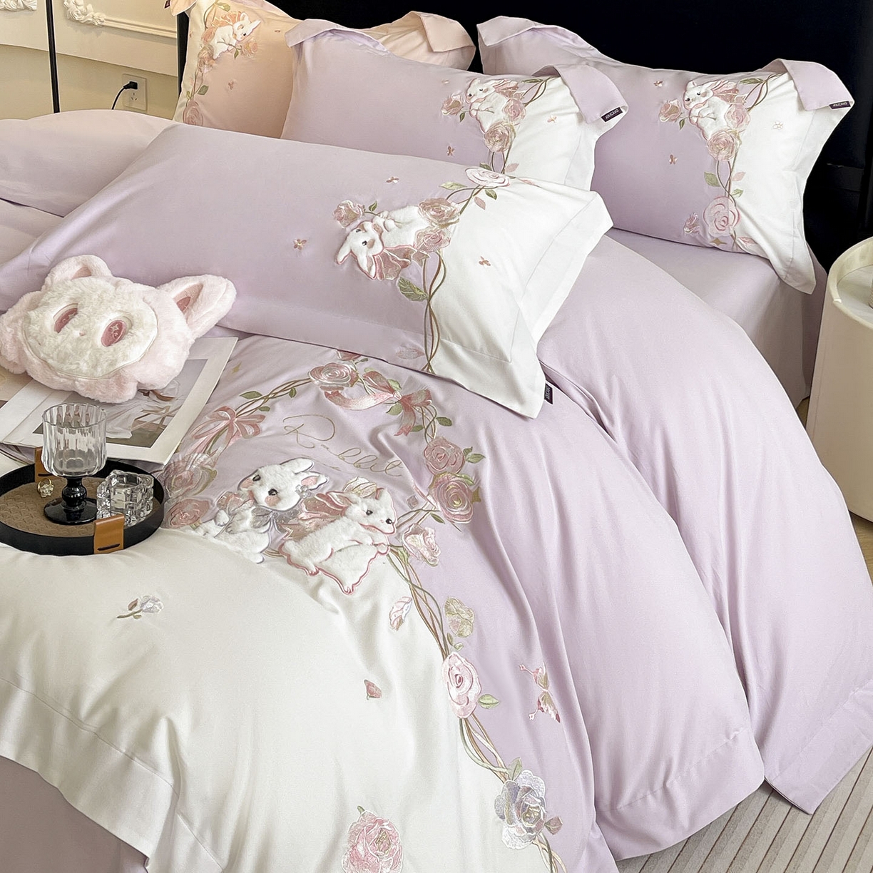 91家纺网 家纺一手货源 找家纺 （总）乔利卡沃 2026爆款新品少女心A类100支长绒棉纯棉四件套全棉刺绣兔子被套床单床笠公主风