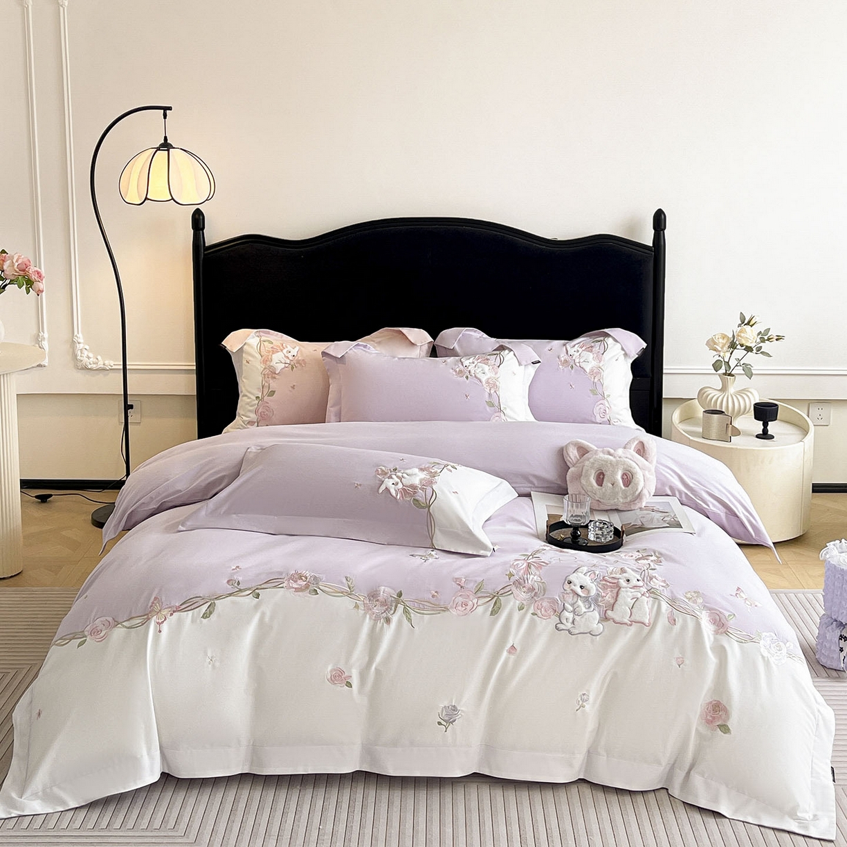 91家纺网 家纺一手货源 找家纺 乔利卡沃 2026爆款新品少女心A类100支长绒棉纯棉四件套全棉刺绣兔子被套床单床笠公主风 月汐兔-黛紫