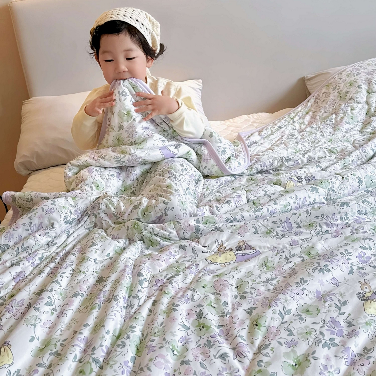 91家纺网 家纺一手货源 找家纺 兜米家居 2026春夏新款针织夏被夏凉被空调被 花园兔